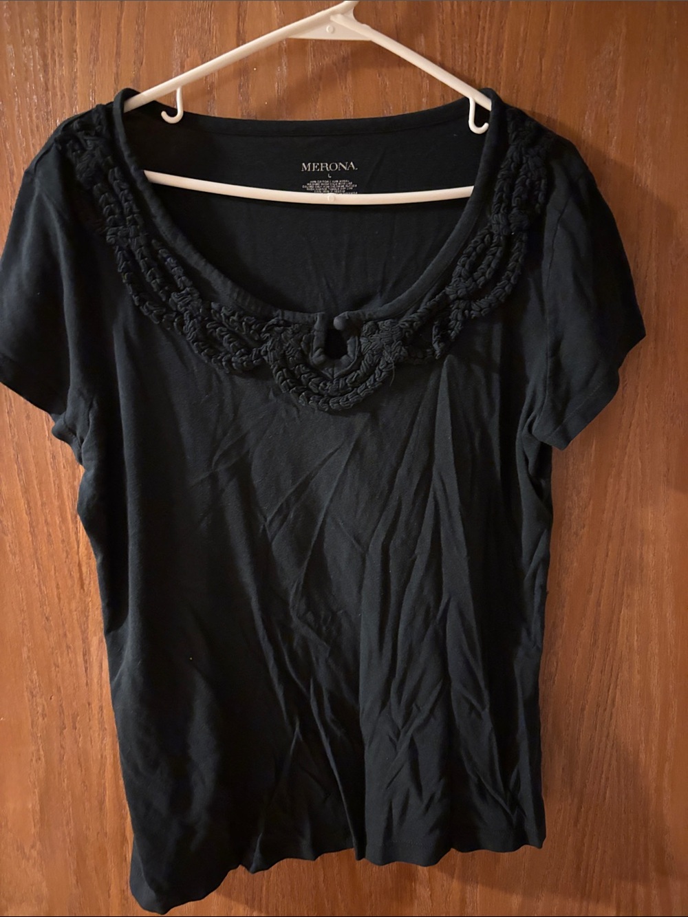Merona Black Short Sleeve Scoop Neck Top with Braided Trim